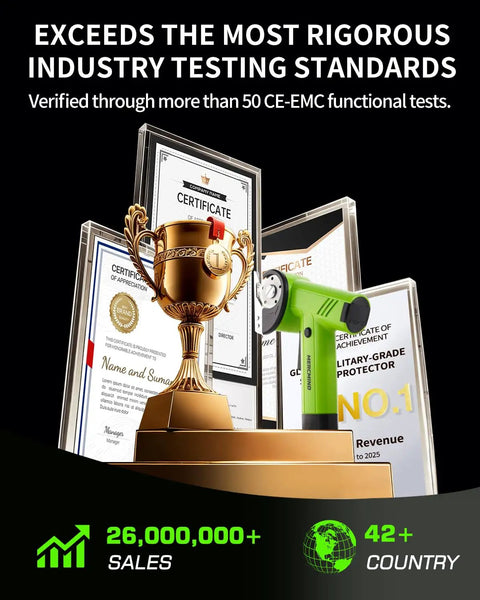 Electric Fabric And Cardboard Cutter on display with awards and certificates, showcasing industry testing standards and success.
