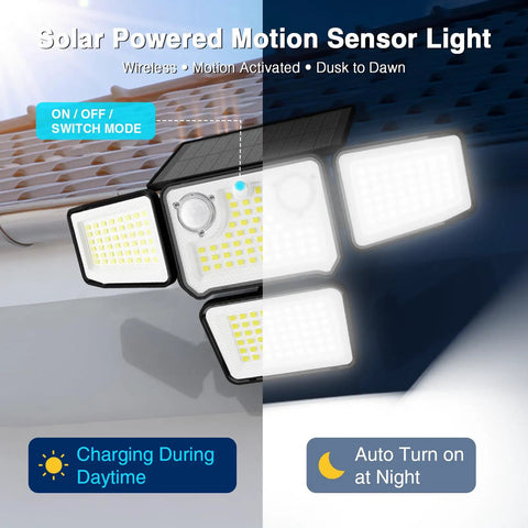Rugged Four Head Solar Security Lights With Smart Dual Motion Sensors And Waterproof Shell For Backyards Driveways Garages, Kicks On Instantly To Slash Blind Spots And Serve Razor Sharp Daylight Glow, Includes Two Pack