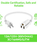 2 Foot 3 Prong Built Tough Heavy Duty Extension Cord For Indoor Outdoor Use Waterproof SJTW 16 AWG 125V 13A Flexible Cable