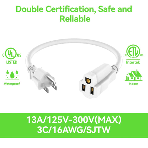 2 Foot 3 Prong Built Tough Heavy Duty Extension Cord For Indoor Outdoor Use Waterproof SJTW 16 AWG 125V 13A Flexible Cable