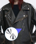 Front view of black leather jacket with 8 mm silver bullet spike cone studs on lapels; flat-back, glue-on.