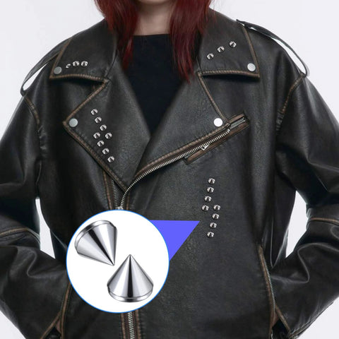 Front view of black leather jacket with 8 mm silver bullet spike cone studs on lapels; flat-back, glue-on.