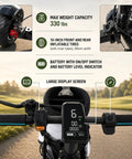 Foldable Electric Golf Push Cart With Cushioned Seat And Sturdy Umbrella Pole showing large display, battery switch, and handlebars with grips.