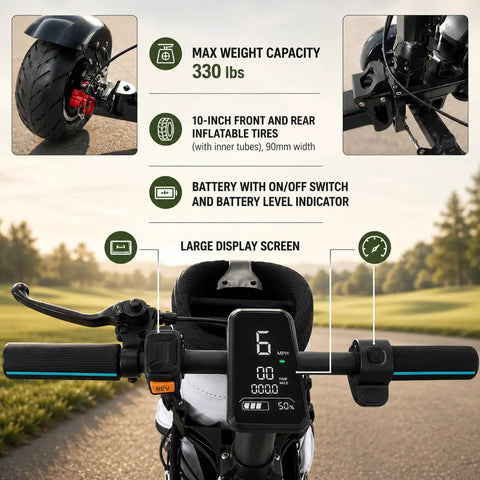 Foldable Electric Golf Push Cart With Cushioned Seat And Sturdy Umbrella Pole showing large display, battery switch, and handlebars with grips.
