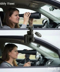 Car Window Mount for Spotting Scopes and Binoculars Adjustable Pan Head Heavy Duty Metal Clamp in use by woman in car