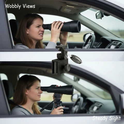 Car Window Mount for Spotting Scopes and Binoculars Adjustable Pan Head Heavy Duty Metal Clamp in use by woman in car