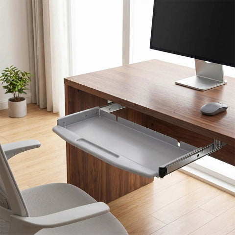 Heavy Duty Steel Under Desk Keyboard Tray Featuring Slick Ball Bearing Glides For Silky Smooth Extension And Rock Solid Ergonomic Workstation Support Up To Sixty Six Pounds With Zero Wobble Or Jamming Vibes slide out under desk with ergonomic design and gray finish.