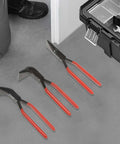 Three Piece Sheet Metal Bending Pliers Set Pro Grade With Straight 45 Degree And 90 Degree Jaws on workshop floor