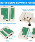 Visual of a professional network cable tester with main and remote units, battery compartment, RJ45 connectors for Cat5e/Cat6 testing.
