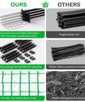 Comparison of heavy duty portable animal fence components showing fiberglass stakes, clamps, and mesh vs. other brands' plastic materials.