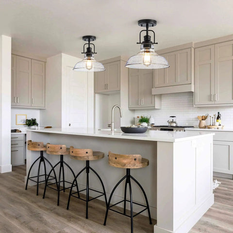 Modern kitchen with two Farmhouse Flush Mount Ceiling Lights with Aged Black Metal Frame and Seeded Glass Shade, E26 Base Bulbs Not Included