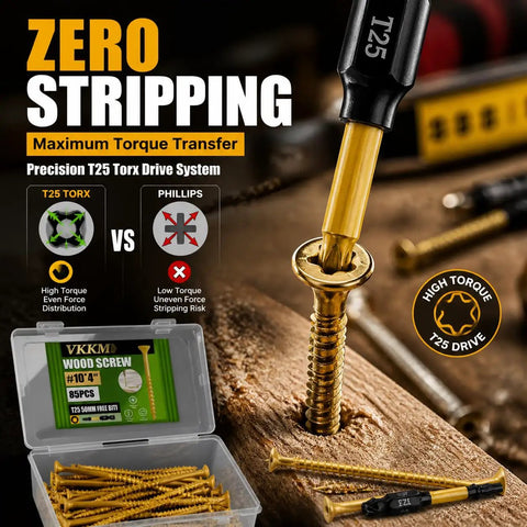85 Piece Tan Torx T25 Wood Screw Set With 4 Inch Length Size 10 Self Tapping Heavy Duty Screws Including 50mm Bit And Clear Plastic Storage Case For Softwood Hardwood Plywood And Composite Lumber Projects featuring zero stripping and high torque benefits.