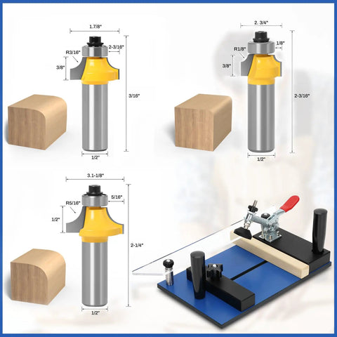 Rail Coping Sled For Router Table With R1/8 Inch R3/16 Inch R5/16 Inch Roundover Bits, Adjustable Woodworking Sled shown with jig setup
