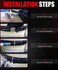 Installation steps for Tension Control Clamp Kit 190003 For Pool Filter Band Clamp showing sequential attachment and adjustment process.