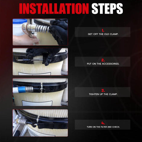 Installation steps for Tension Control Clamp Kit 190003 For Pool Filter Band Clamp showing sequential attachment and adjustment process.