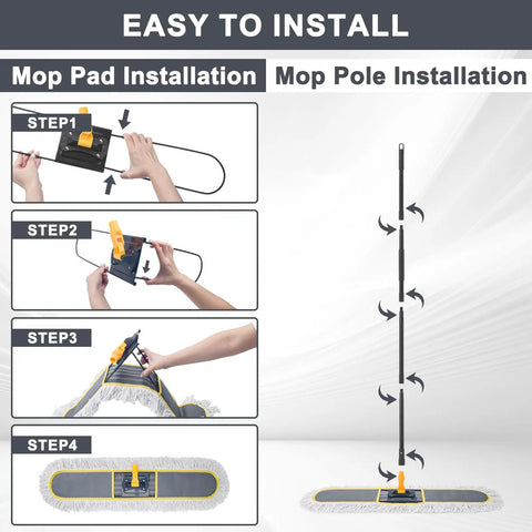 Step-by-step installation guide for Straight Up 24 Inch Commercial Dust Mop Heavy Duty with smooth swivel head.