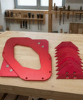 Dead Accurate Router Guide Corner Template Jig Featuring Precision Engraved Arc Measurements Rock Solid Aluminum Body with radius guides on a workbench.