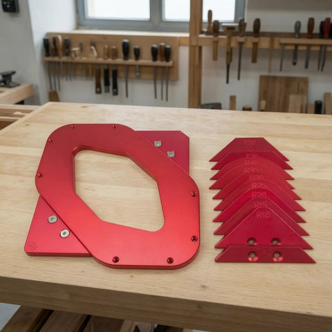 Dead Accurate Router Guide Corner Template Jig Featuring Precision Engraved Arc Measurements Rock Solid Aluminum Body with radius guides on a workbench.