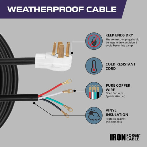 Heavy Duty 4 Prong Dryer Cord 12 Foot Long Nema 14-30 Plug 30 Amp with weatherproof cable and pure copper wire design.