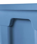Close-up view of Straight Up Beast Mode 18 Gallon Plastic Storage Bin With Secure Snap On Lid, blue with sturdy handle.