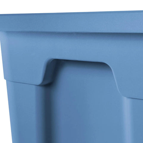 Close-up view of Straight Up Beast Mode 18 Gallon Plastic Storage Bin With Secure Snap On Lid, blue with sturdy handle.