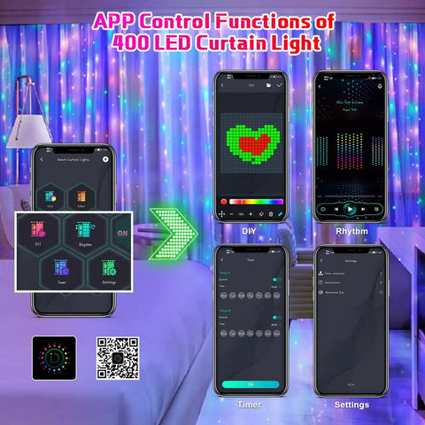 Programmable Colorful Smart LED Window Curtain Lights With APP Control IP65 Waterproof 400 RGB LEDs DIY Text And Pattern