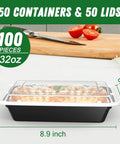 32 Oz Meal Prep Containers Set, 50 Pack Reusable Food Storage Pans With Easy Open Lids shown on kitchen counter with tomatoes