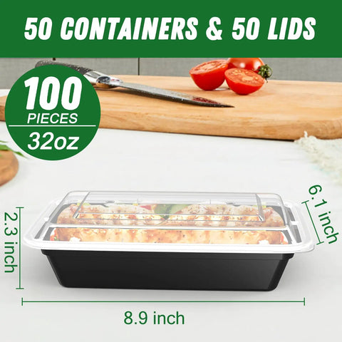 32 Oz Meal Prep Containers Set, 50 Pack Reusable Food Storage Pans With Easy Open Lids shown on kitchen counter with tomatoes