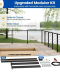 Knockout Modular Cable Railing Kit With Stainless Steel Wires And Smooth Finish Handrail 36 Inch System displayed with parts beside a scenic deck view.
