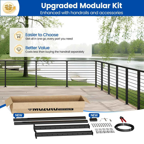 Knockout Modular Cable Railing Kit With Stainless Steel Wires And Smooth Finish Handrail 36 Inch System displayed with parts beside a scenic deck view.