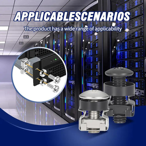 45 Pack Rack Mount Cage Nuts Kit with M6x20mm Screws and Black Nylon Washers shown in server rack installation scenario.