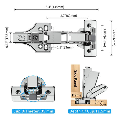 2 Pack 175 Degree Soft Close Hinges For Corner Cabinets With Clip On Plates and Multi Pivot Design dimensions and details