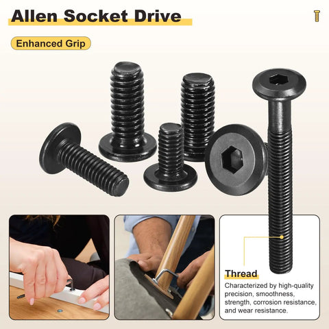 Rock Solid Baby Crib Hardware Pack Featuring Hella Durable Barrel Nuts And Flat Head Screws For Pain Free Furniture Assembly M6 By 1x80 Millimeter Replacement Fasteners With Wrench Twenty Four Piece Set, featuring black Allen socket drive screws.