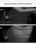 Comparison showing Heavy Duty Kickproof Console Guard For Tesla Model Y Juniper And Model 3 Highland before and after installation.
