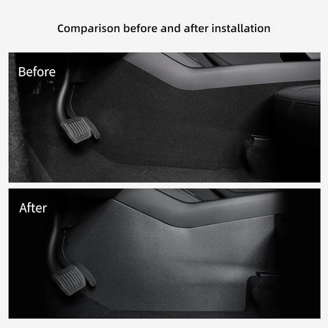 Comparison showing Heavy Duty Kickproof Console Guard For Tesla Model Y Juniper And Model 3 Highland before and after installation.
