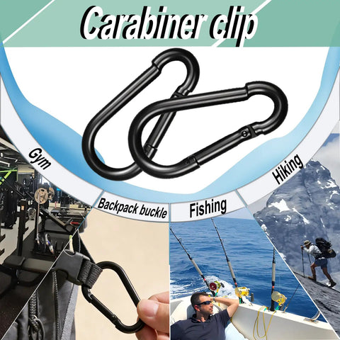 Heavy Duty 10 Pack 2 Inch Black Carabiner Clips With 220 Lbs Holding Capacity Stainless Steel Spring Snap Hooks For Hammock Swing Outdoor Travel Gear Essentials, demonstrated in gym, backpack, and fishing scenarios