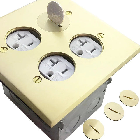 Screw Cap Floor Box Kit For Raised Floors 5x5 Inch 2-Gang Receptacle, 20A Tamper-Resistant, Weatherproof And Watertight Gasket, UL Listed Brass Finish