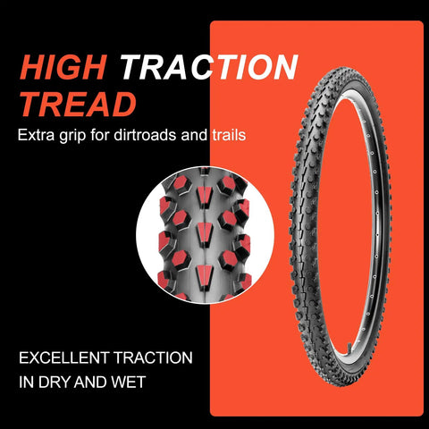 2 Pack 26 By 2.1 Folding Mountain Bike Tires With Schrader Valve Inner Tubes And Tire Levers, showing high traction tread for off road MTB replacement on 26 inch wheels built tough for trail and mud.