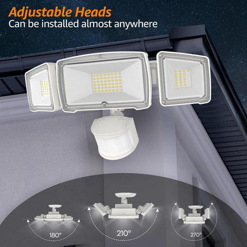Motion Sensor Outdoor Flood Lights LED 60W 6200LM IP65 Waterproof 6500K with 3 adjustable heads mounted on exterior wall