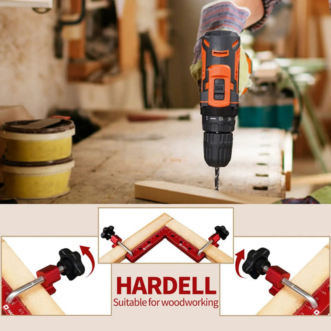 90 Degree Positioning Square Right Angle Clamps For Woodworking, 5.5 x 5.5 Inches Aluminum Alloy Corner Clamp Tool in use with drill