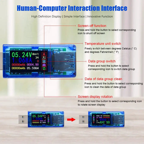 USB 3.0 Power Meter Tester 3.7V To 30V 0 To 4A Real Time Voltage And Current Monitor With IPS Color Display showing interface options