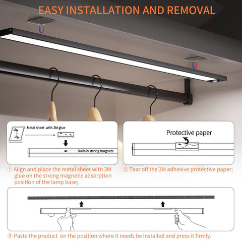 Installation guide for Motion Sensor Closet Lights Wireless Under Cabinet No Fuss Night Lights Kit with Magnetic Strip 3 Color Dimmable.