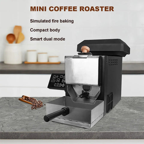 No Sweat Smart Coffee Bean Roaster With 200 Gram Capacity And Clean Digital Interface For Quick Auto Roasting Of Quality Beans And Toasted Nuts Straight On Your Counter With Reliable Smoke Guard Keeping Indoor Spaces Fresh. Compact body with digital interface on counter.