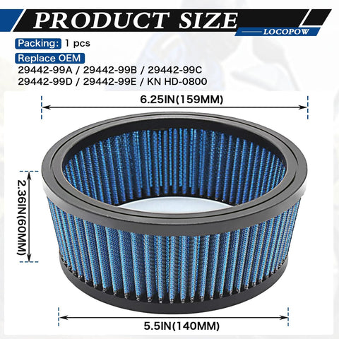 Image of HD 0800 Air Filter Replacement 29442 99E for Harley Davidson with product dimensions and compatibility details.
