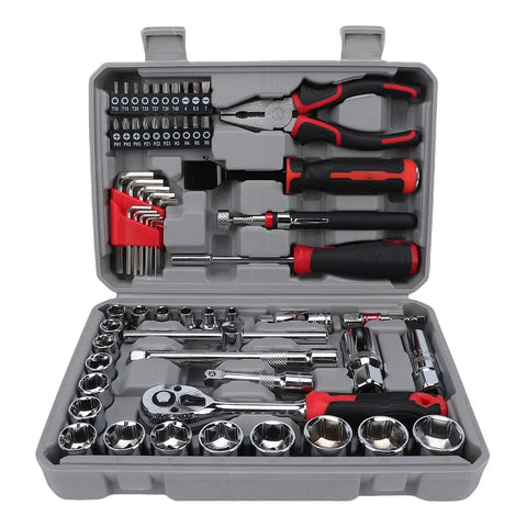 62 Piece Tool Box Set For Home Garage And DIY Projects With Metric Sockets Ratchets Wrenches Screwdriver Bits Pliers And Handy Accessories