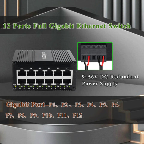 Rugged Industrial Unmanaged 12-Port Gigabit Ethernet Switch with DIN Rail or Wall Mount, close-up of 12 RJ45 ports in IP40 aluminum shell.