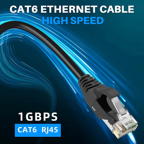 Close-up of Cat6 Ethernet Cable Black with RJ45 Connector showing high-speed 1Gbps performance, ideal for fast internet.