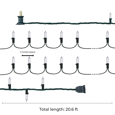 Cool White LED String Lights For Indoor Outdoor Decor 26.9 Ft Green Wire with 100 LEDs displayed with green wire and plug