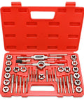 Tap and die set in red case, front view; 40-piece metric M3-M12 with taps, dies and handles.