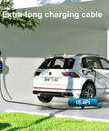 No Brainer Plug And Play Portable EV Charger With GB/T Connector And NEMA 5 15 Household Plug, Adjustable 8 To 16 Amps On 110 Volt Outlets, Features LCD Screen, Flexible Cord And Smart Timer, with extra-long charging cable in use.